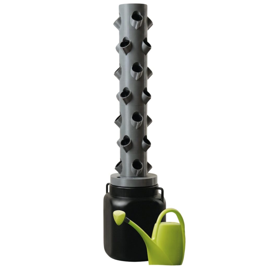 Hier siehst du einen grauen Hydroponic Tower unbepflanzt.