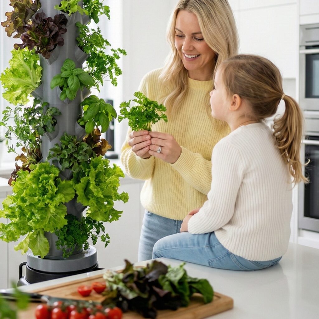 Hier siehst du eine Mutter mit ihrem Kind an einem Hydroponic Tower